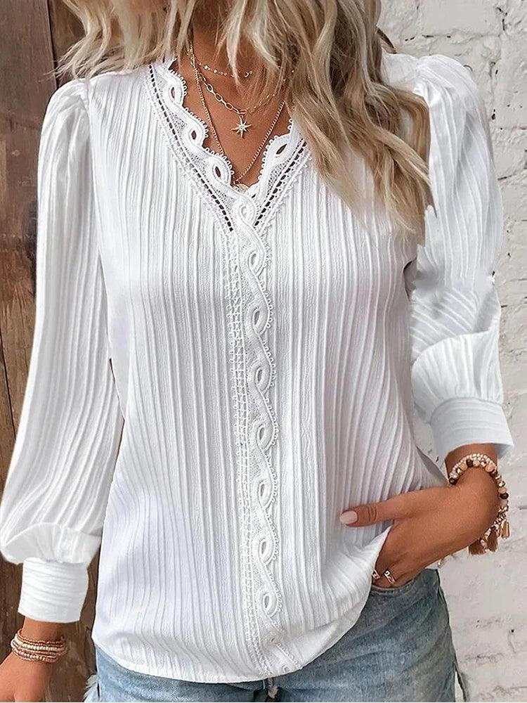 Women's Lace Stitching V-Neck Chiffon Blouse – Elegant & Stylish