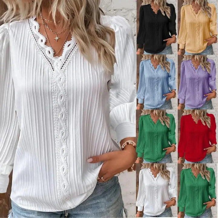 Women's Lace Stitching V-Neck Chiffon Blouse – Elegant & Stylish