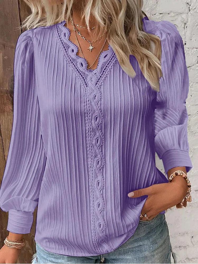 Women's Lace Stitching V-Neck Chiffon Blouse – Elegant & Stylish