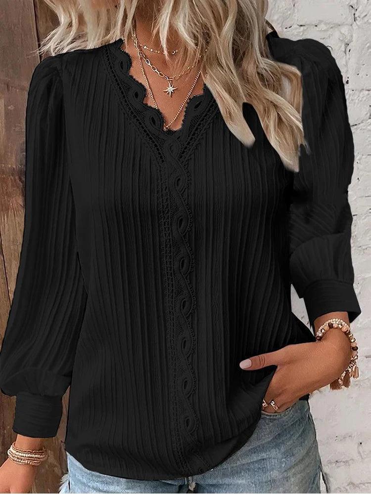 Women's Lace Stitching V-Neck Chiffon Blouse – Elegant & Stylish