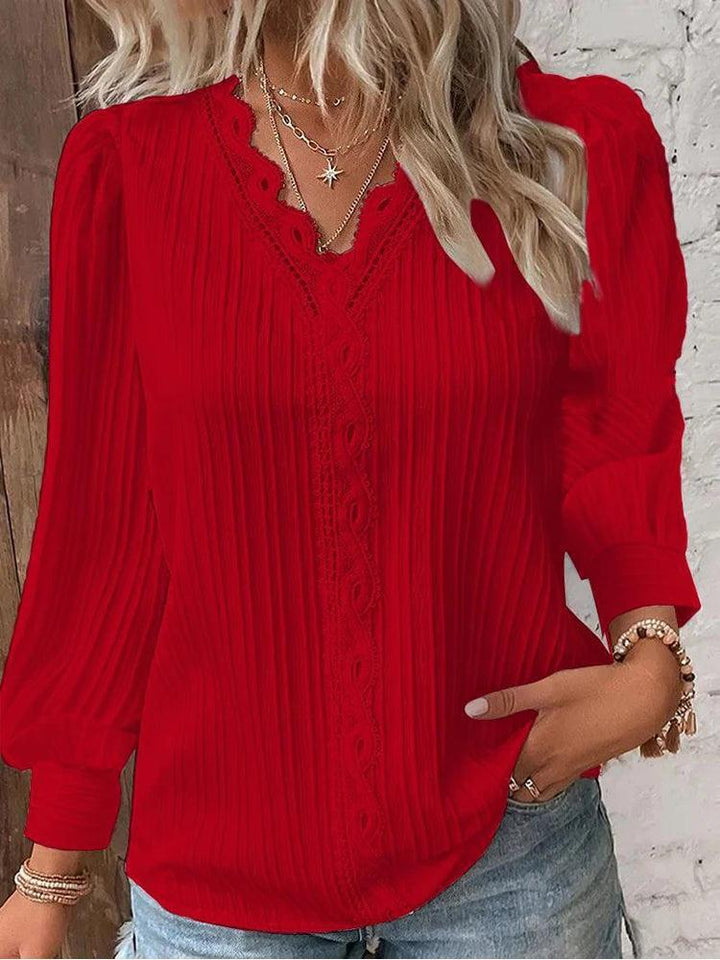 Women's Lace Stitching V-Neck Chiffon Blouse – Elegant & Stylish