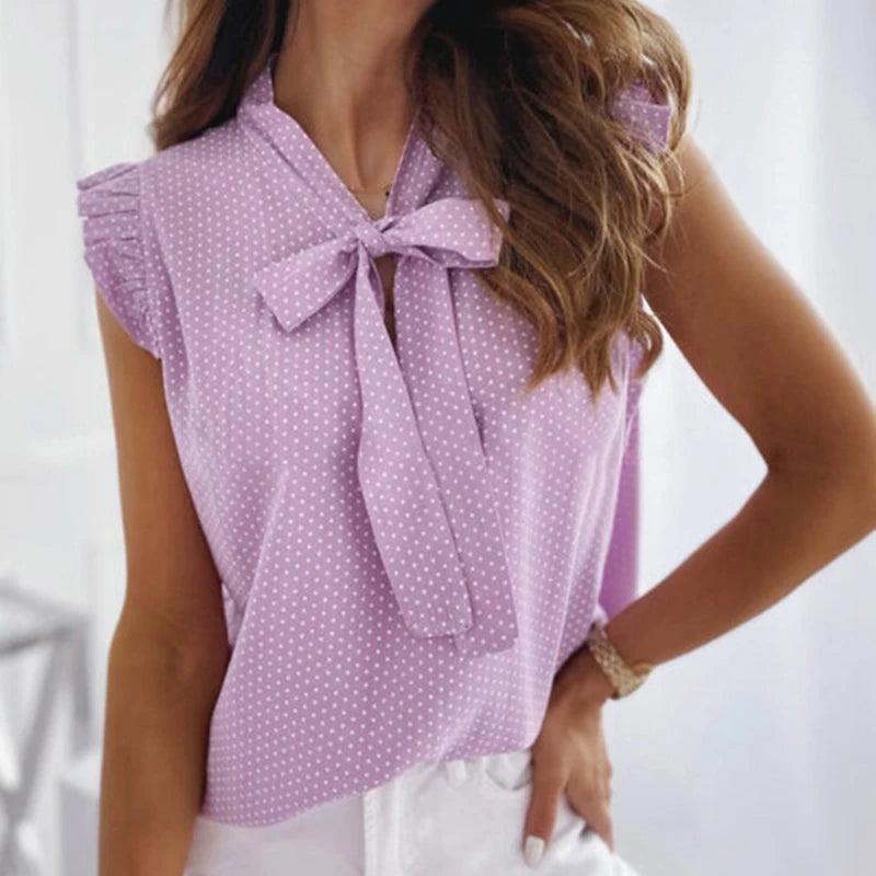 Women’s Summer Elegant Polka Dot Ruffle Sleeveless Blouse – Lace-Up Bow Tie Casual Oversized Tunic Top