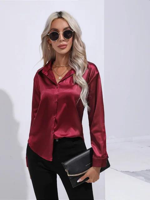 Women's Satin Button-Up Blouse - Long Sleeve Relaxed Fit - Classic Collar Elegant Dress Shirt