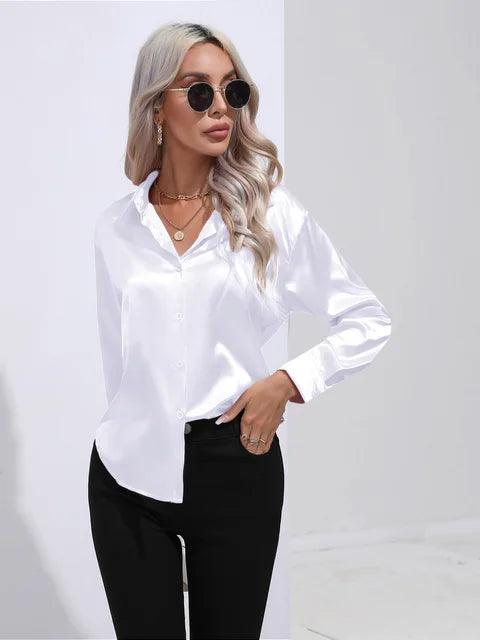 Women's Satin Button-Up Blouse - Long Sleeve Relaxed Fit - Classic Collar Elegant Dress Shirt
