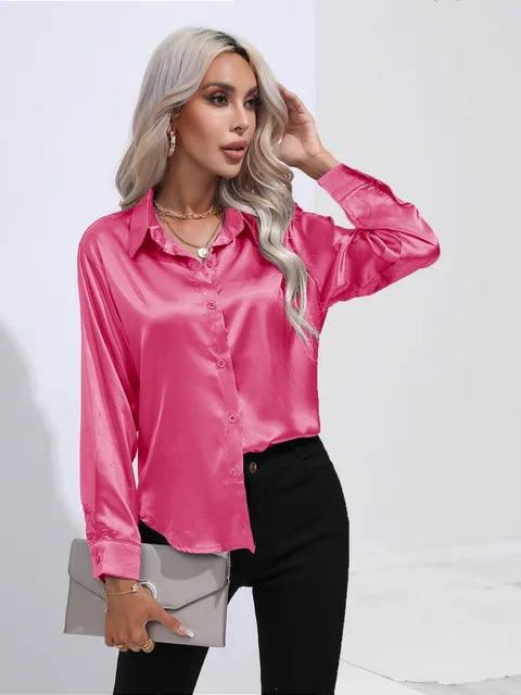 Women's Satin Button-Up Blouse - Long Sleeve Relaxed Fit - Classic Collar Elegant Dress Shirt