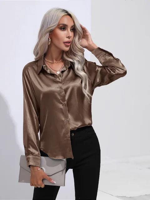 Women's Satin Button-Up Blouse - Long Sleeve Relaxed Fit - Classic Collar Elegant Dress Shirt