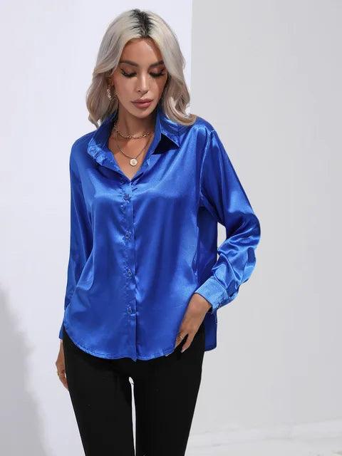 Women's Satin Button-Up Blouse - Long Sleeve Relaxed Fit - Classic Collar Elegant Dress Shirt