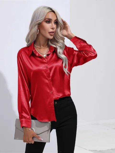 Women's Satin Button-Up Blouse - Long Sleeve Relaxed Fit - Classic Collar Elegant Dress Shirt