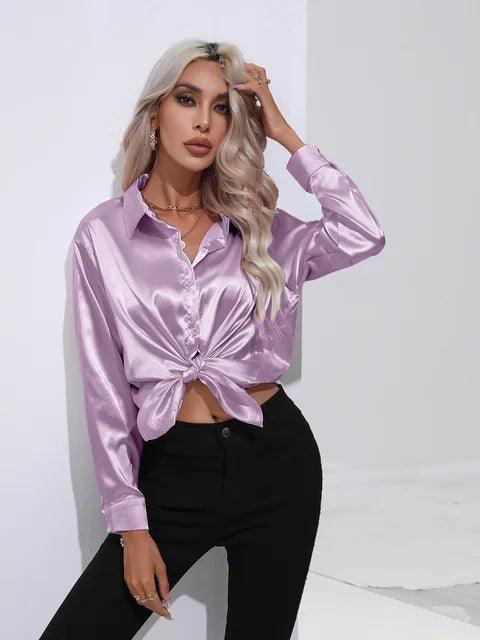 Women's Satin Button-Up Blouse - Long Sleeve Relaxed Fit - Classic Collar Elegant Dress Shirt