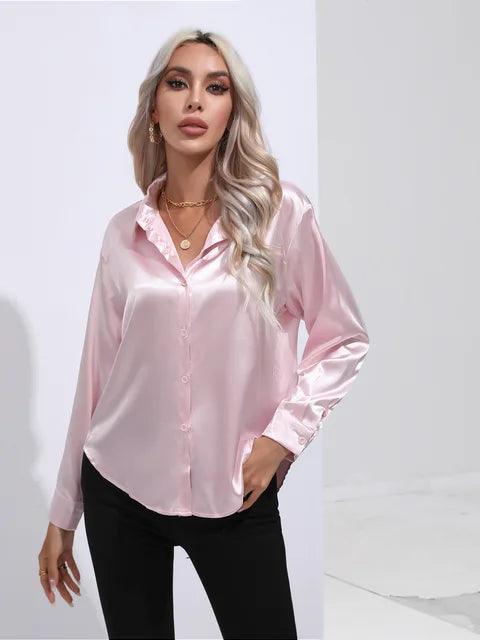 Women's Satin Button-Up Blouse - Long Sleeve Relaxed Fit - Classic Collar Elegant Dress Shirt