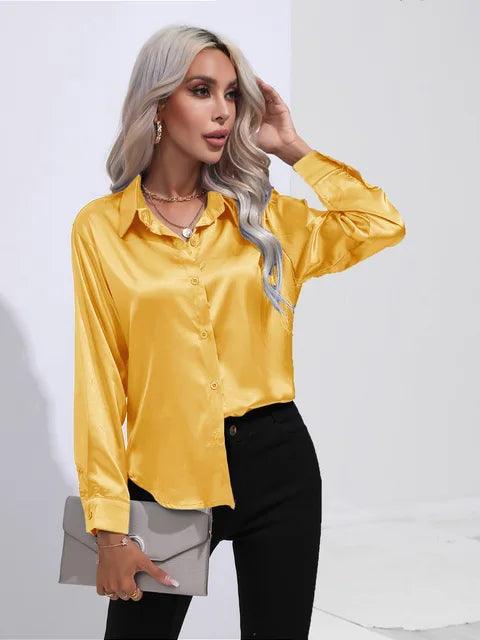 Women's Satin Button-Up Blouse - Long Sleeve Relaxed Fit - Classic Collar Elegant Dress Shirt