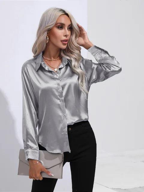 Women's Satin Button-Up Blouse - Long Sleeve Relaxed Fit - Classic Collar Elegant Dress Shirt