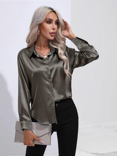 Women's Satin Button-Up Blouse - Long Sleeve Relaxed Fit - Classic Collar Elegant Dress Shirt