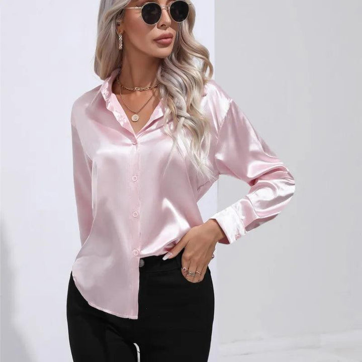 Women's Satin Button-Up Blouse - Long Sleeve Relaxed Fit - Classic Collar Elegant Dress Shirt