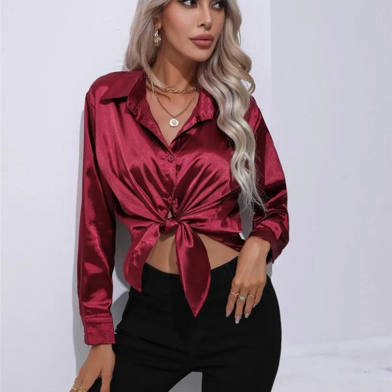 Women's Satin Button-Up Blouse - Long Sleeve Relaxed Fit - Classic Collar Elegant Dress Shirt