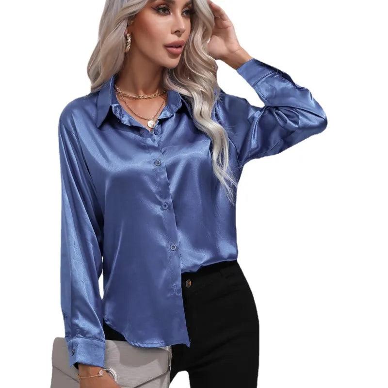 Women's Satin Button-Up Blouse - Long Sleeve Relaxed Fit - Classic Collar Elegant Dress Shirt