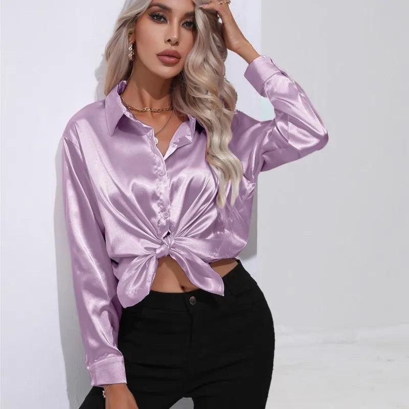 Women's Satin Button-Up Blouse - Long Sleeve Relaxed Fit - Classic Collar Elegant Dress Shirt