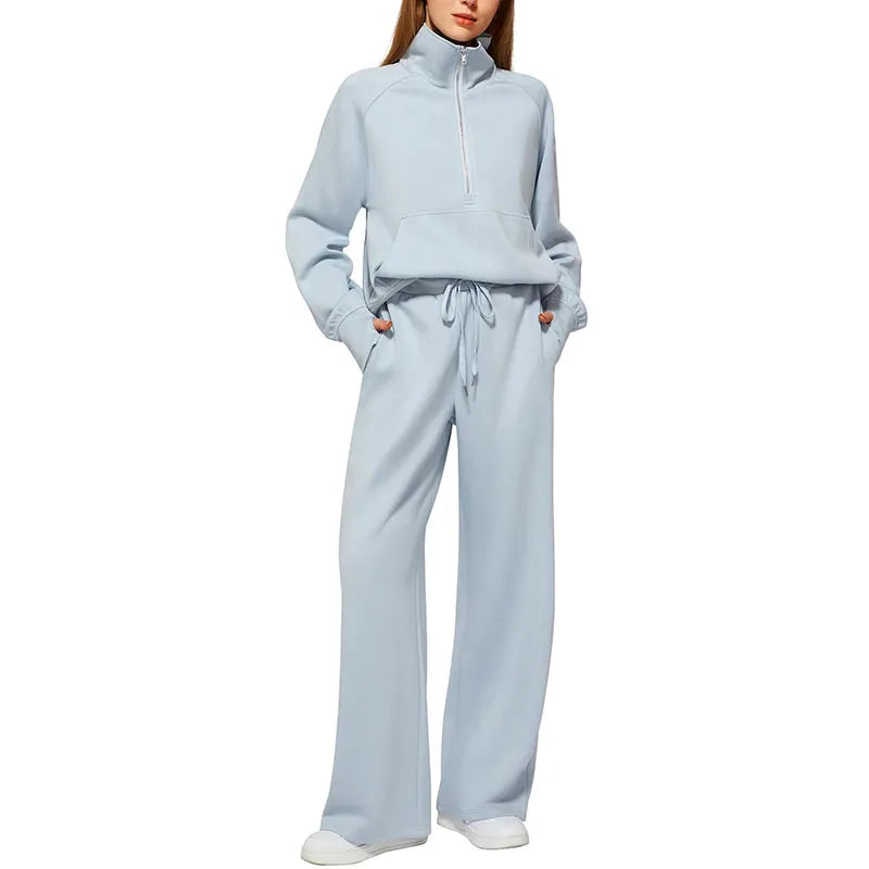 Women’s Sweatshirt Pants Suit – Stand Collar Zipper Jacket & Elastic Drawstring Pants Set