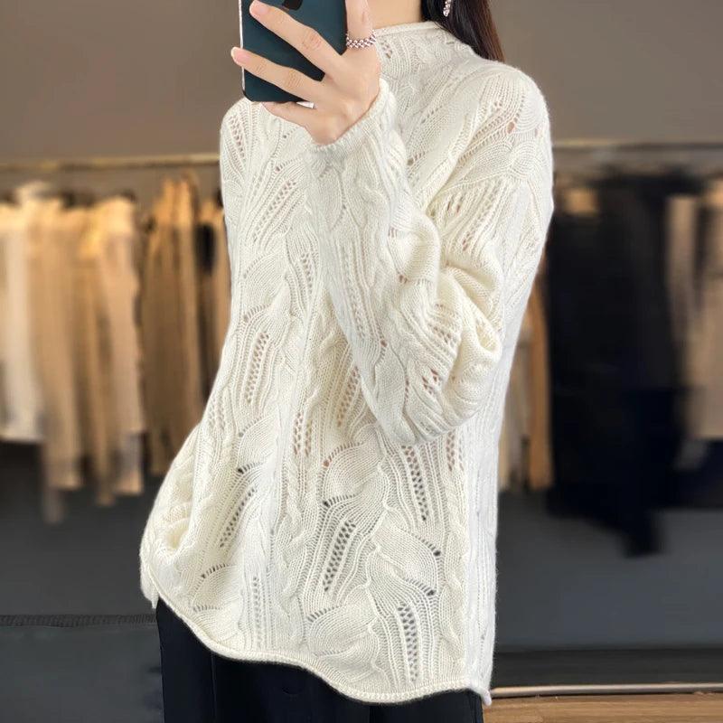 Women's Knitted Hollow Half High Collar Sweater