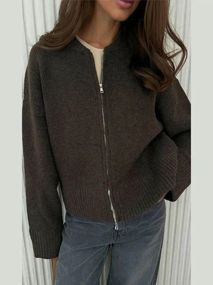 Elegant Knitted Cardigan for Women – O-Neck, Long Sleeve, Zipper Sweater