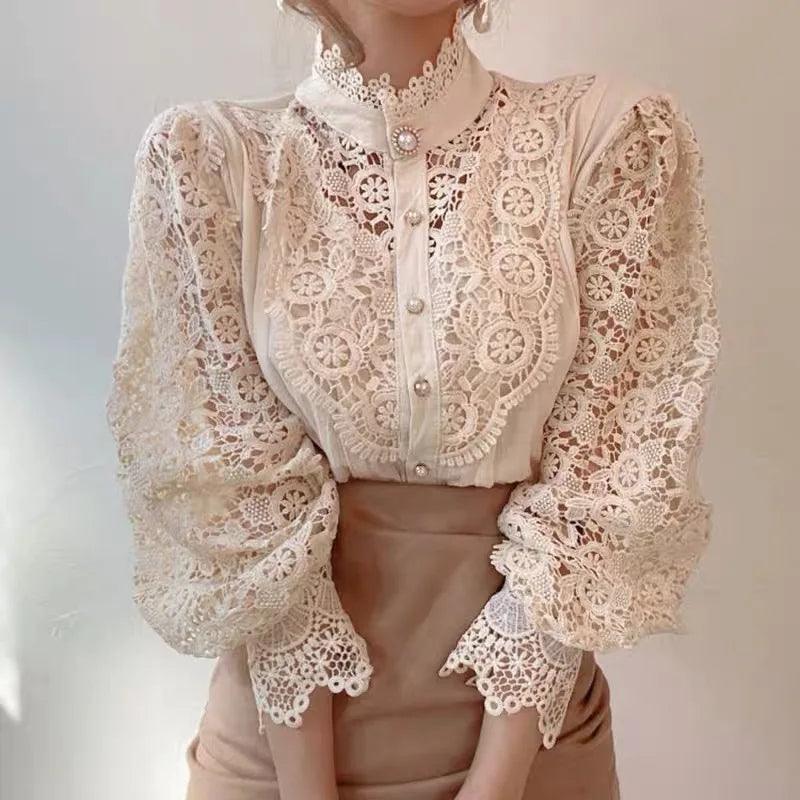 Women's Elegant Lace Blouse – Embroidered Hollow-Out Stand Collar Top