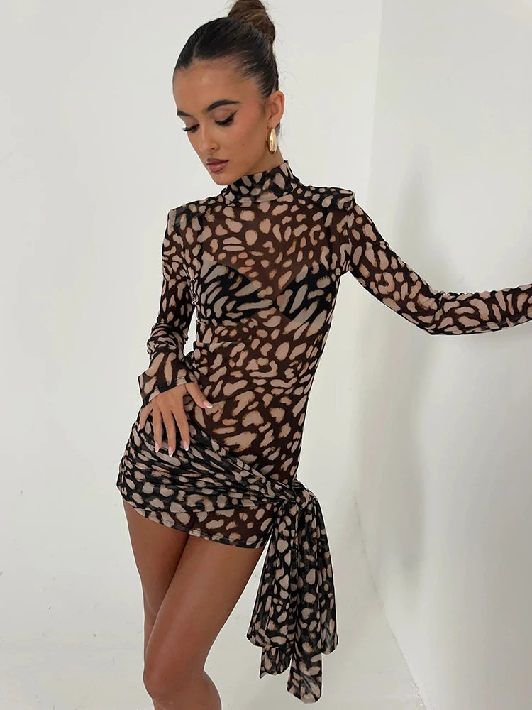 Women's Leopard Print Sheer Mini Dress – Turtleneck, Long Sleeve, Slim Fit Party Dress