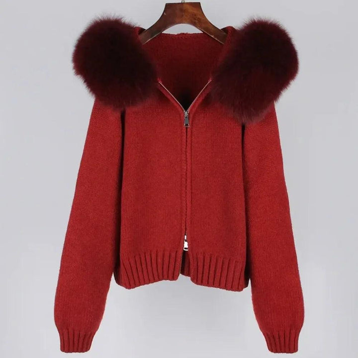 Women's Short Knitted Jacket – Real Fox Fur Collar, Hooded Winter Coat