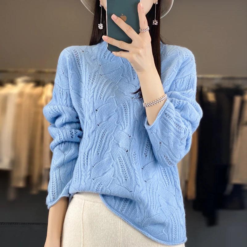 Women's Knitted Hollow Half High Collar Sweater