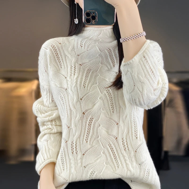 Women's Knitted Hollow Half High Collar Sweater