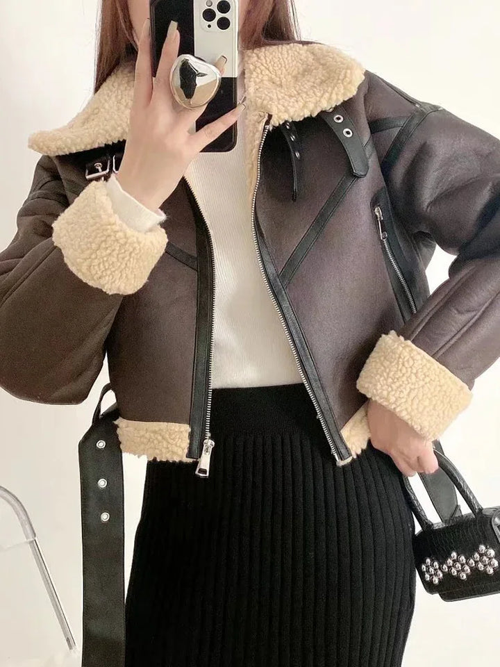 Women's Winter Faux Shearling Moto Jacket – Warm Short Biker Coat with Belt, Streetwear Leather Outerwear