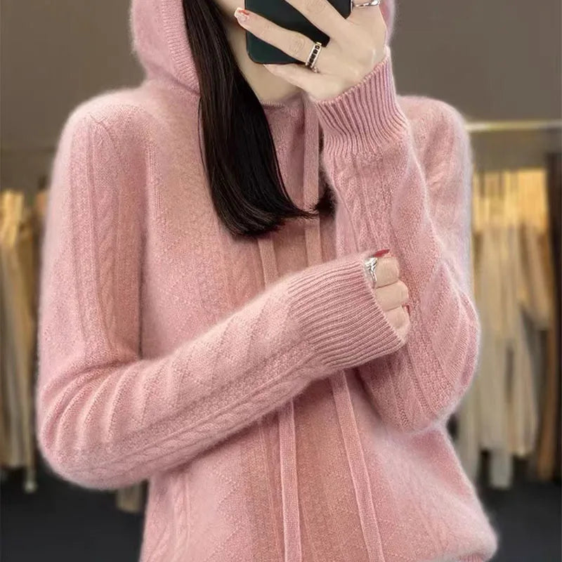 Knitted Hooded Sweater – Women's Casual Wool Long-Sleeve Top