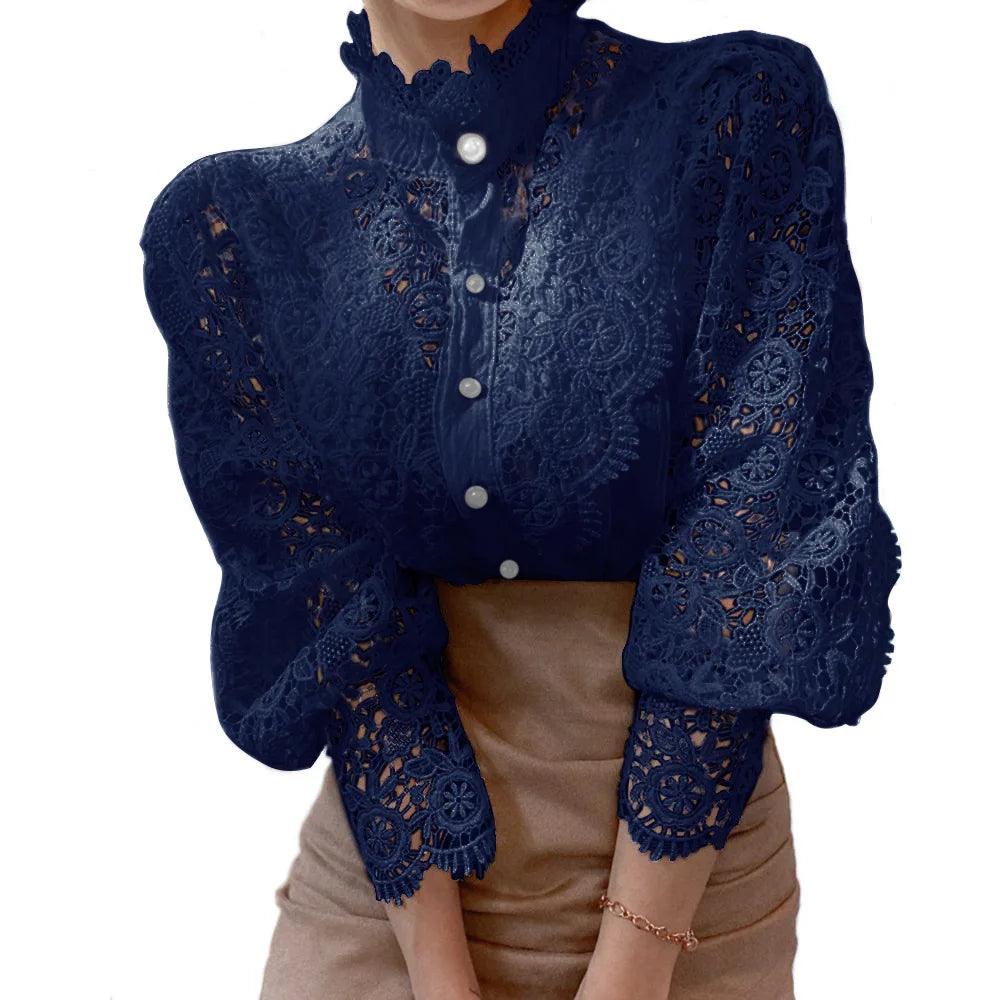 Women's Elegant Lace Blouse – Embroidered Hollow-Out Stand Collar Top