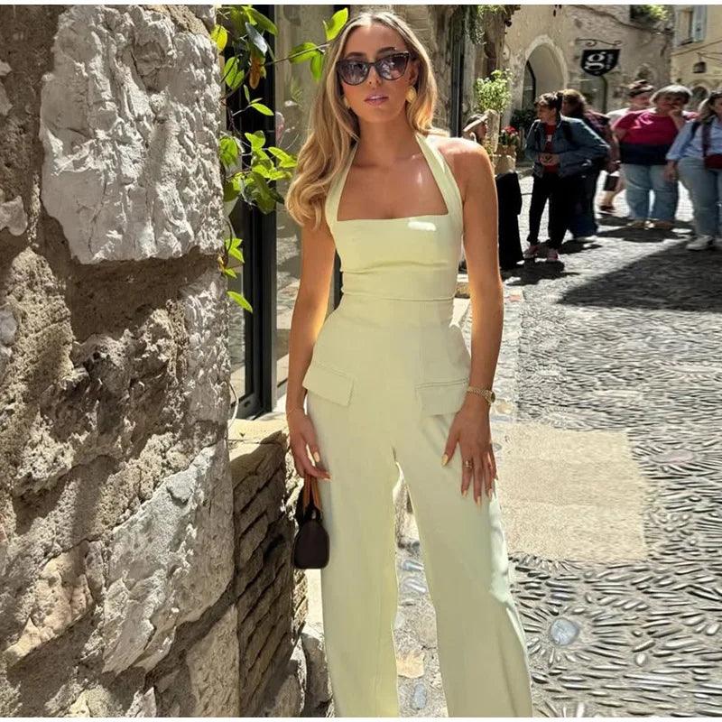 Women's Square Collar Halter Vest & Wide-Leg Pants Set – Elegant Office Outfit 2025