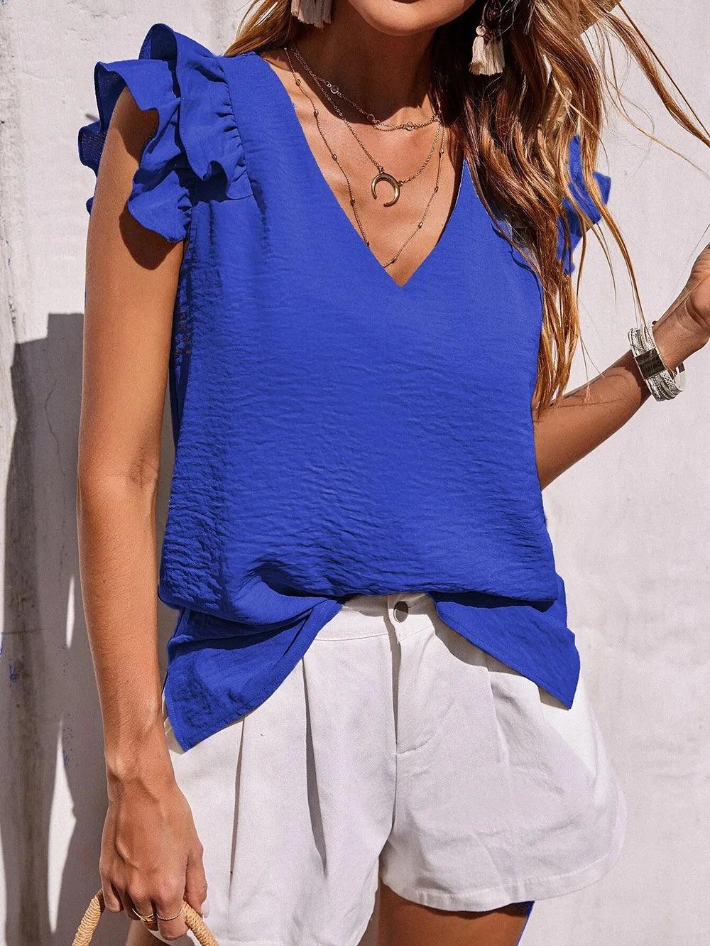 Women's V-Neck Ruffled Vest Top – Casual Sleeveless Summer Shirt