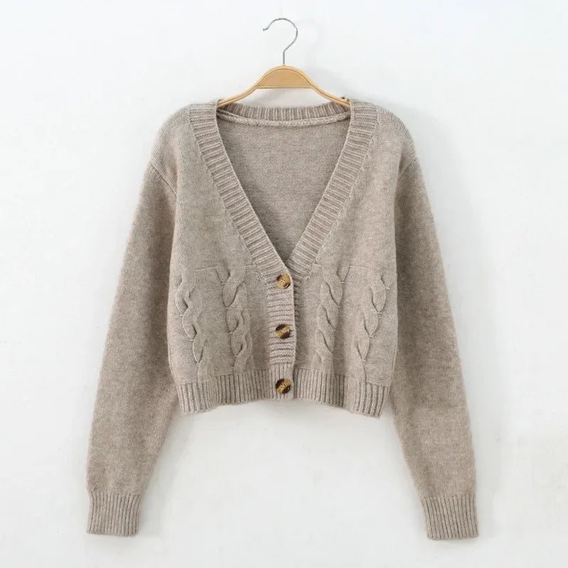 Women's V-Neck Cropped Knit Cardigan – Long Sleeve Twist Sweater Jacket