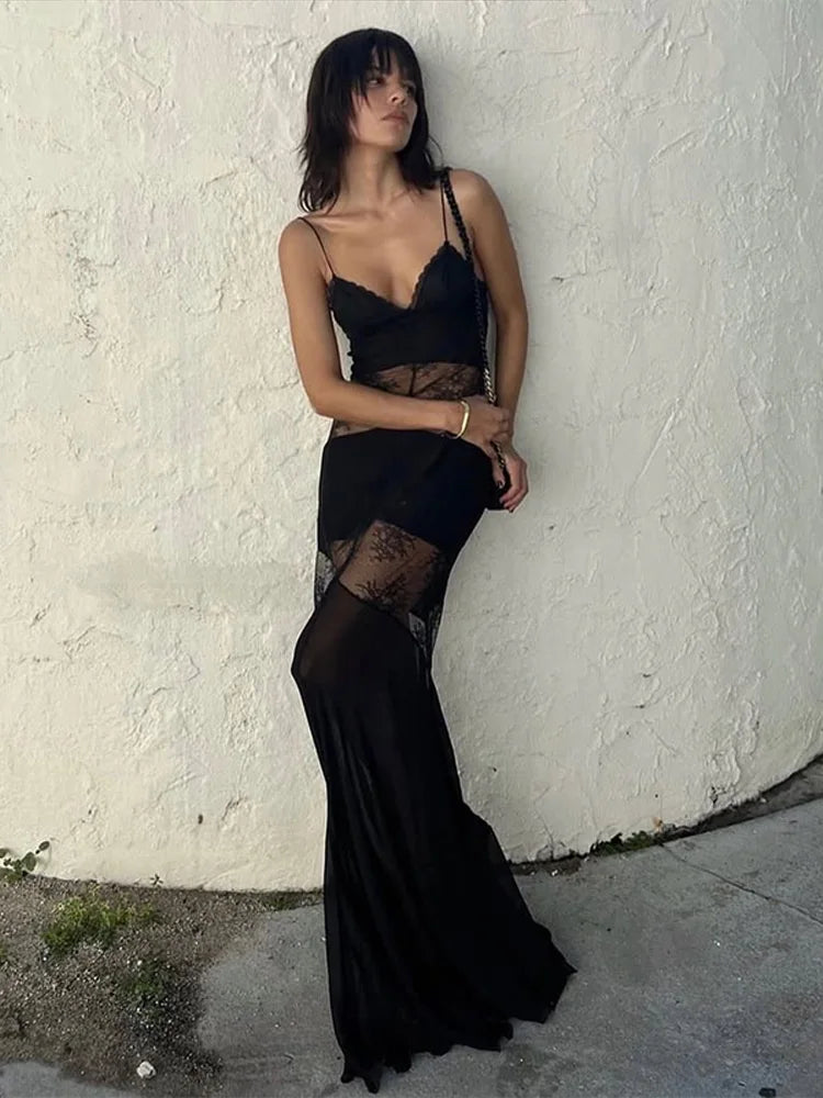 Women's Sexy Black Lace Maxi Dress – Sleeveless, Backless, See-Through Slim Fit Evening Gown