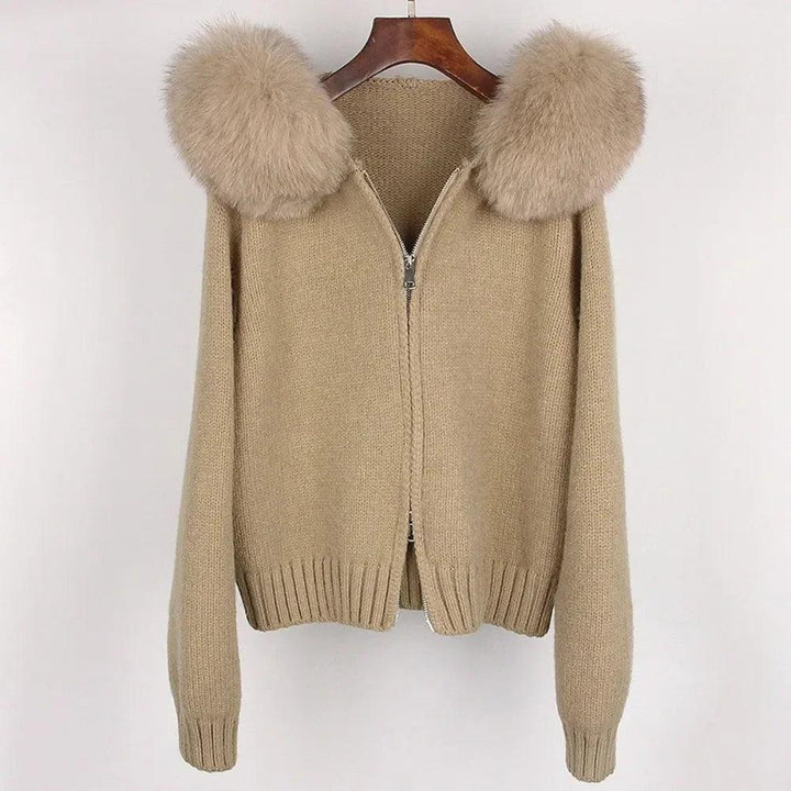 Women's Short Knitted Jacket – Real Fox Fur Collar, Hooded Winter Coat