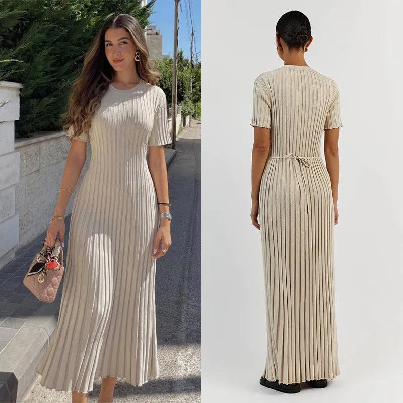 Women's Elegant White Knit Dress – Slim Fit, O-Neck, Short Sleeve, Button-Up Long Dress