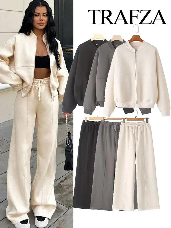 Women's 2-Piece Retro Bomber Jacket & Velvet Pants Set – Chic & Comfy