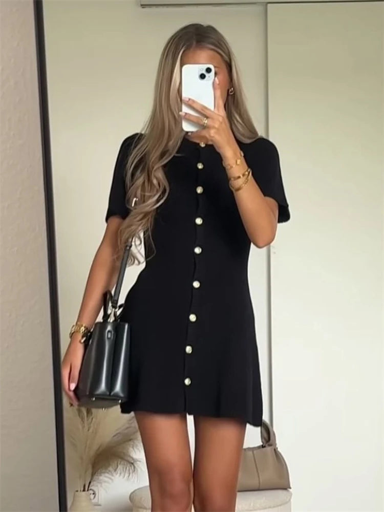 Women's Elegant Knit Mini Dress – Slim Fit, High Waist, Short Sleeve, Ribbed Sweater Dress