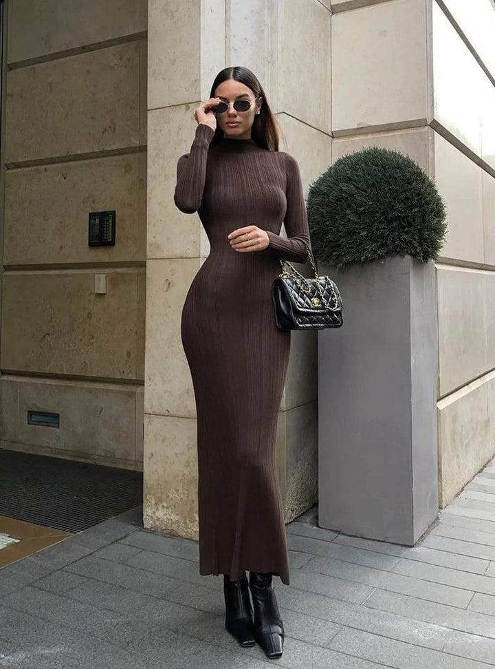 Women's High Neck Slim Fit Striped Knitted Sweater Dress – Long Sleeve, Winter Fashion 2025