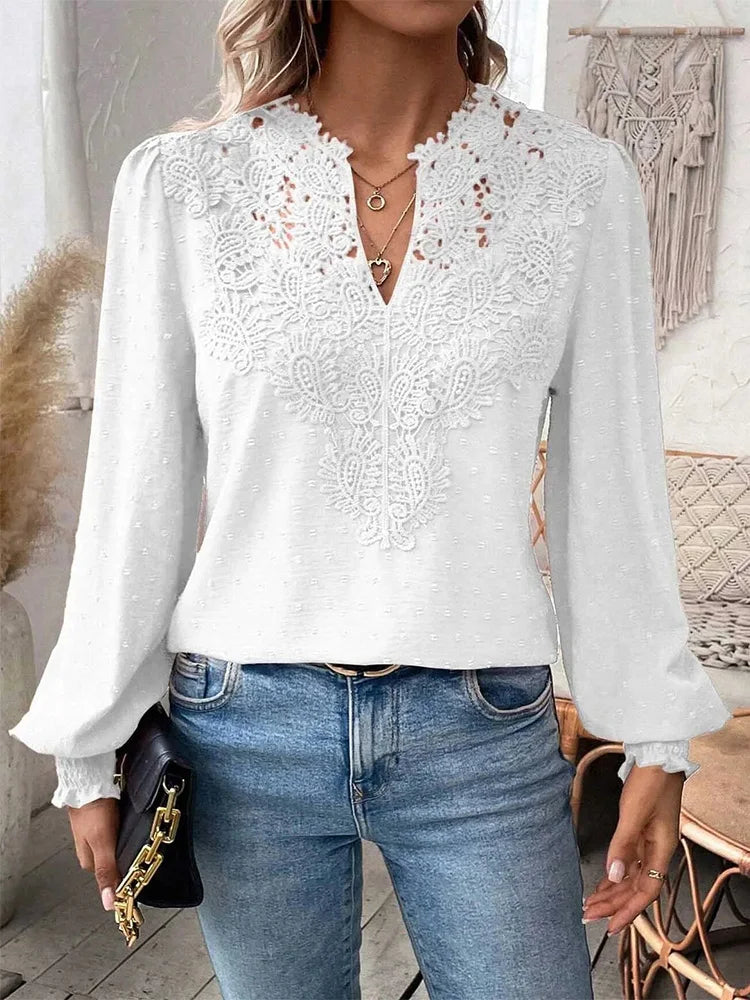 Women's Elegant Lace V-Neck Blouse – Hollowed Long Sleeve Office Shirt