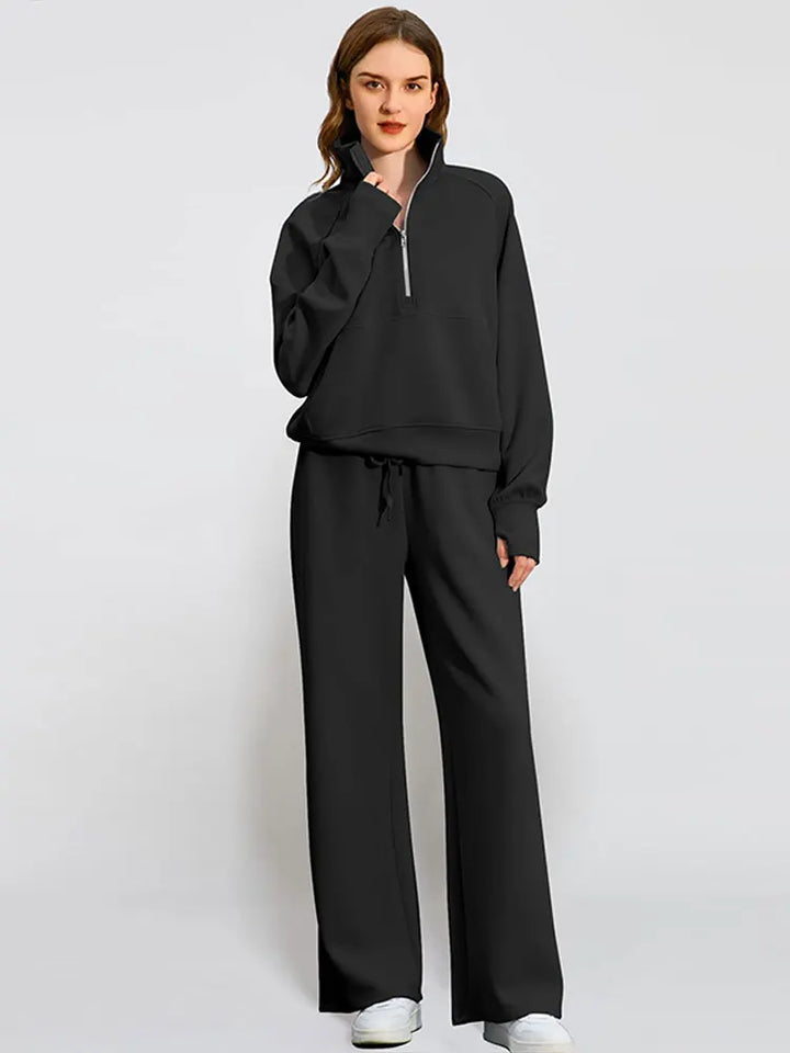 Women’s Sweatshirt Pants Suit – Stand Collar Zipper Jacket & Elastic Drawstring Pants Set