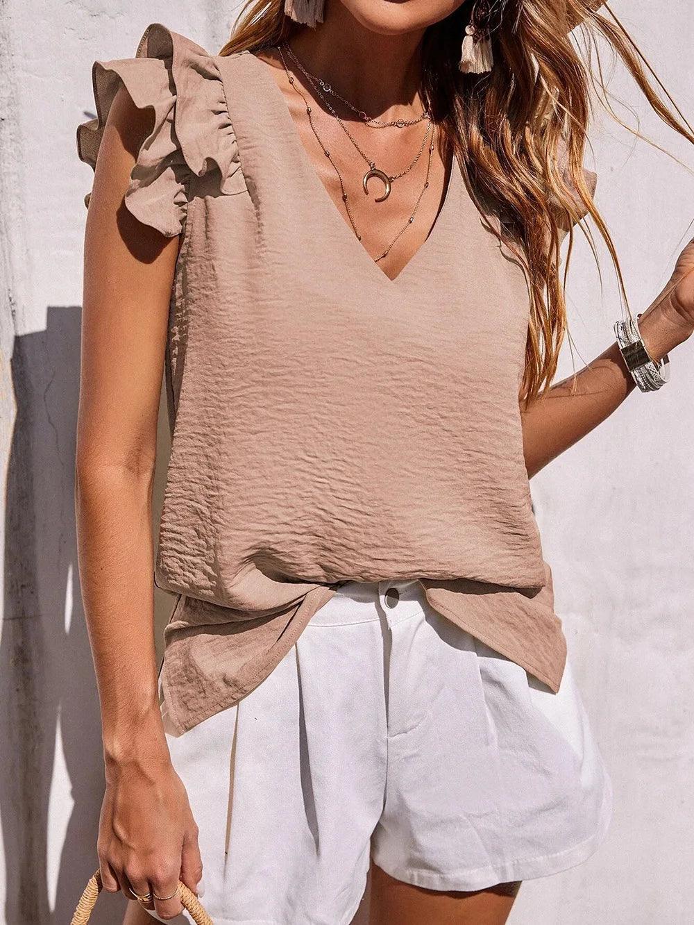 Women's V-Neck Ruffled Vest Top – Casual Sleeveless Summer Shirt