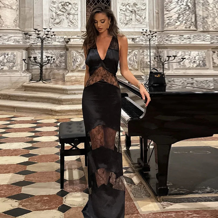 Women's Sexy Black Lace Maxi Dress – Sleeveless, Backless, See-Through Slim Fit Evening Gown