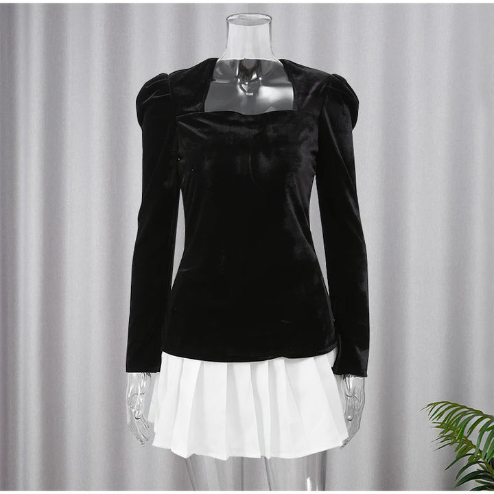 Women's Velvet Patchwork 2-Piece Dress – Long Sleeve, Square Neck, Ruffled Mini Skirt