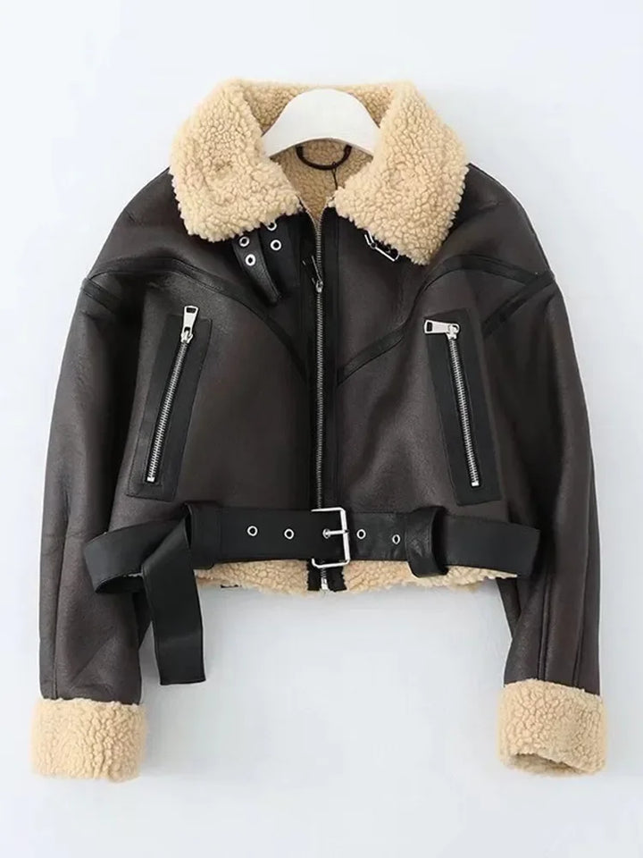 Women's Winter Faux Shearling Moto Jacket – Warm Short Biker Coat with Belt, Streetwear Leather Outerwear