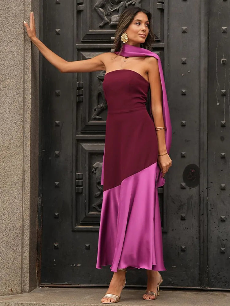 Women's Elegant Satin Patchwork Dress – Sleeveless, Open Back, Slim Fit Evening Gown