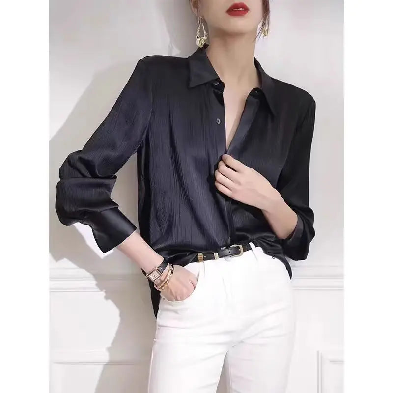 Women's Black Satin Long-Sleeve Blouse – Elegant Loose Office Shirt