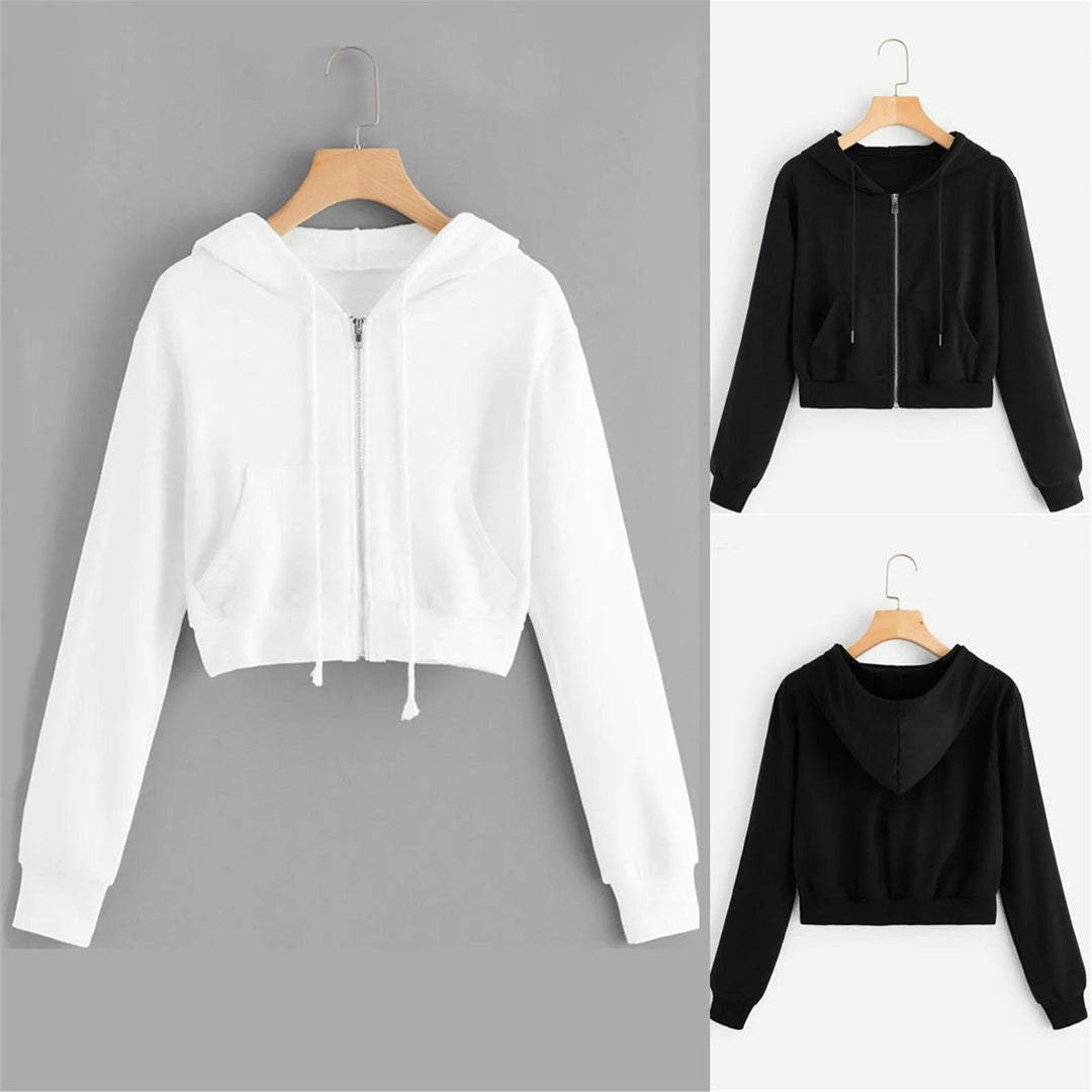 Women's Casual Zip Pocket Hooded Sweatshirt – Solid Color Drawstring Winter Jacket